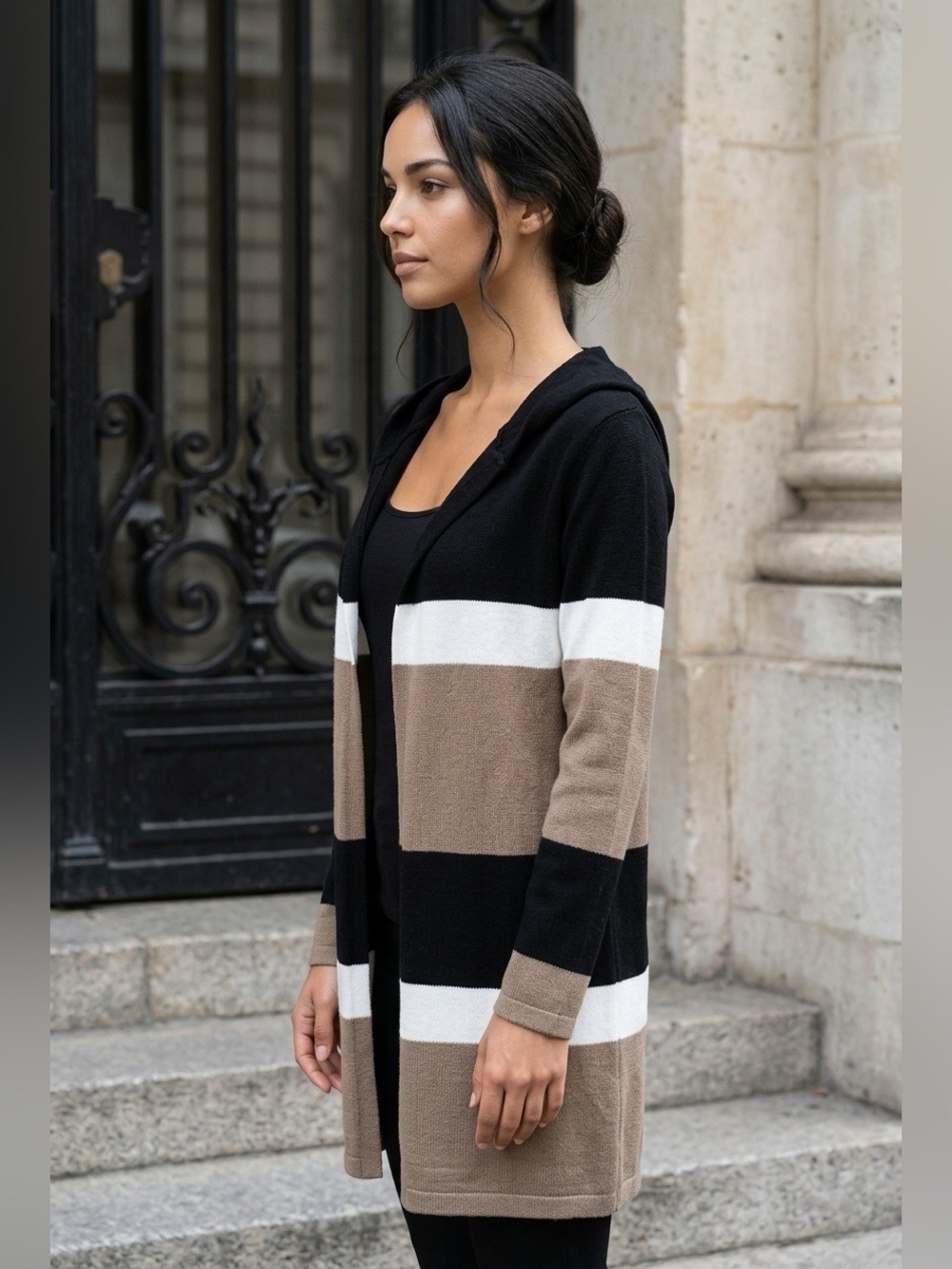 Black, Beige & Tan Cupio Hooded Cardigan NWTs (M) acrylic and cashmere blend. - Picture 2 of 9